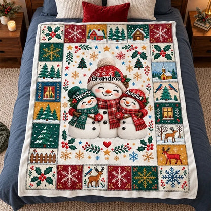 Personalized Fleece Blanket, Heartwarming Snowman Family Hug in Colorful Winter Art, Creative Gift for Grandma and Grandkids