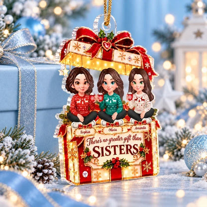 Personalized Acrylic Ornament, Cartoon Sisters Holding Mugs, Red & Gold Unique Christmas Gift for Sisters