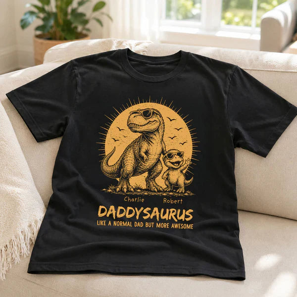 Personalized Funny Daddysaurus Classic Tee, Vintage Yellow Sunglasses Dinosaur Art, Creative Gift For Husband