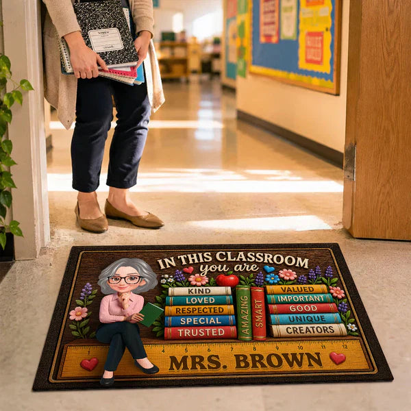Personalized Teacher Doormat With Classroom Books, Unique Creative Gift For Back To School Entryway