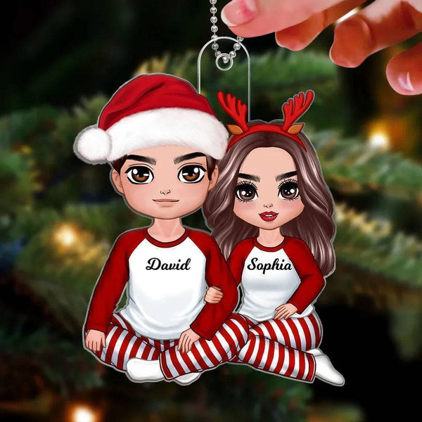 Couples Gifts - Gift For Husband and Wife - Christmas Doll Couple Sitting Hugging Personalized Ornament