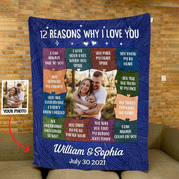 Personalized Custom Blanket - 12 Reasons Why I Love You - Gift For Spouse, Husband, Wife, Couple