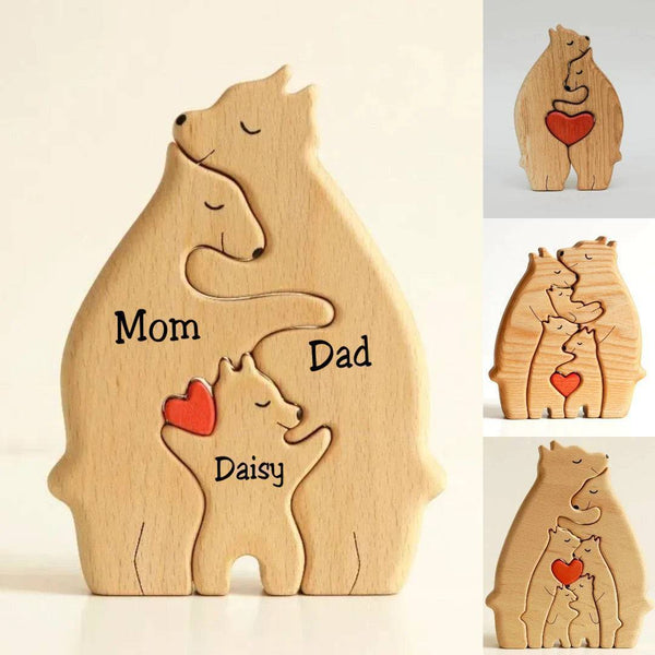 Family Personalized Custom Bear Shaped Wooden Art Puzzle - Wooden Pet Carvings, Wood Sculpture Table Ornaments, Carved Wood Decor - Gift For Family Members