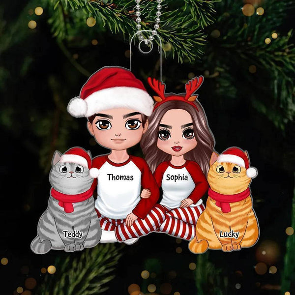 Gift For Husband and Wife and Cats - Christmas Doll Couple Sitting With Cat Personalized Ornament