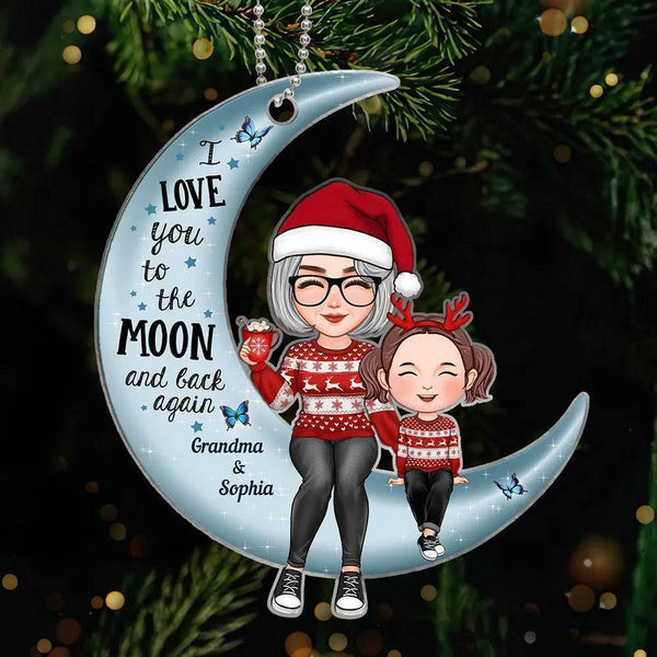 Christmas  - Cute Grandma & Grandkid Sitting On Moon - Personalized Acrylic Ornament