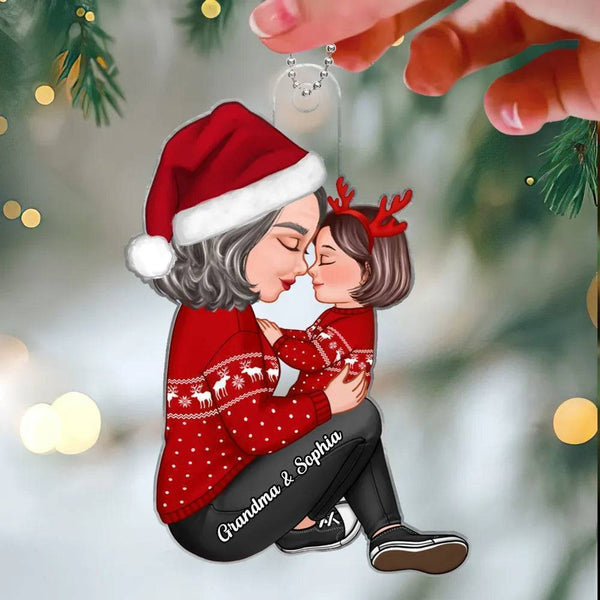 Christmas Tree Personalized Arcylic Ornament - Grandma Mom Hugging Kissing Kids