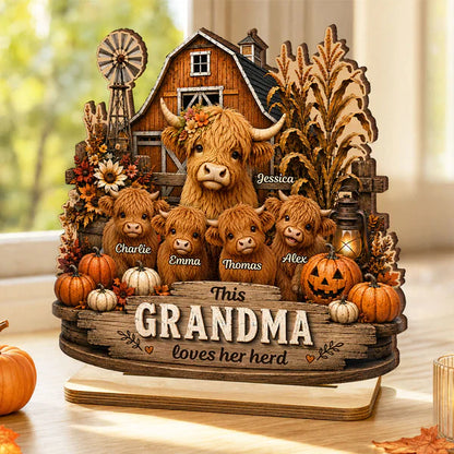 Personalized 2-Layer Wooden Plaque with Highland Cow Herd, Rustic Fall Decor, Unique Gift for Grandma