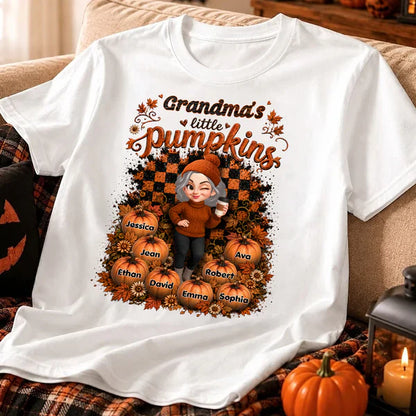 Personalized Classic Tee, Cartoon Grandma With Coffee, Fall Pumpkin Patch, Unique Creative Gift For Grandma