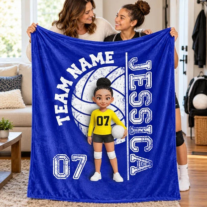 Personalized Volleyball Fleece Blanket, Black and Red Cartoon Player Holding a Ball, Unique Gift for Daughter