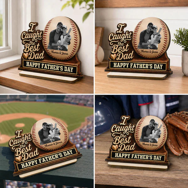 Personalized 2-Layer Wooden Plaque, Baseball Dad Photo Display, Unique Gift for Father's Day