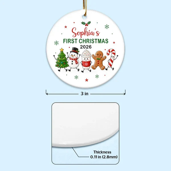 Personalized Ceramic Ornament with Waving Christmas Characters, Unique First Christmas Gift for Baby and New Parents