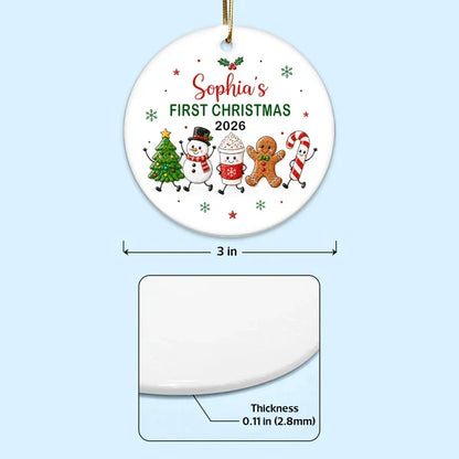 Personalized Ceramic Ornament with Waving Christmas Characters, Unique First Christmas Gift for Baby and New Parents