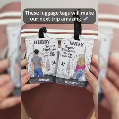 Couples Leather Luggage Tag Set – Custom Travel Partners Design with sightseeing illustration, perfect unique gift for the traveler you love