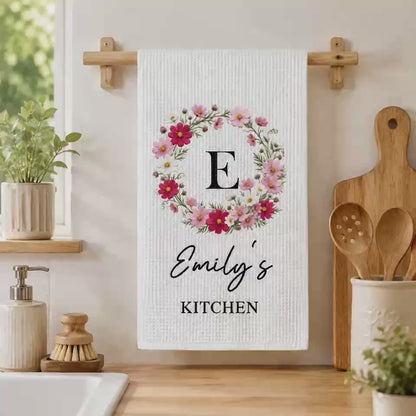 Personalized Birth Flower Kitchen Towel with Custom Name, Floral Wreath Tea Towel Gift for Home Cooks