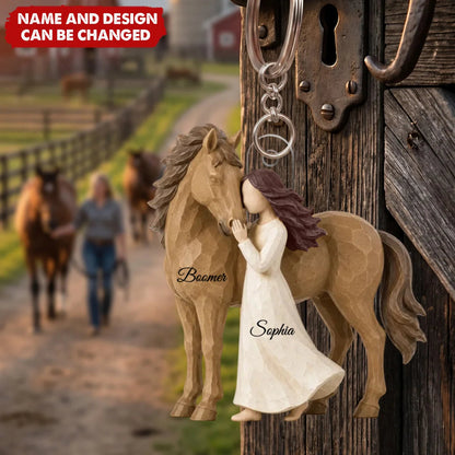 Personalized Acrylic Keychain, Girl Hugging Horse in Warm Brown Tones, Unique Gift for Horse Lovers