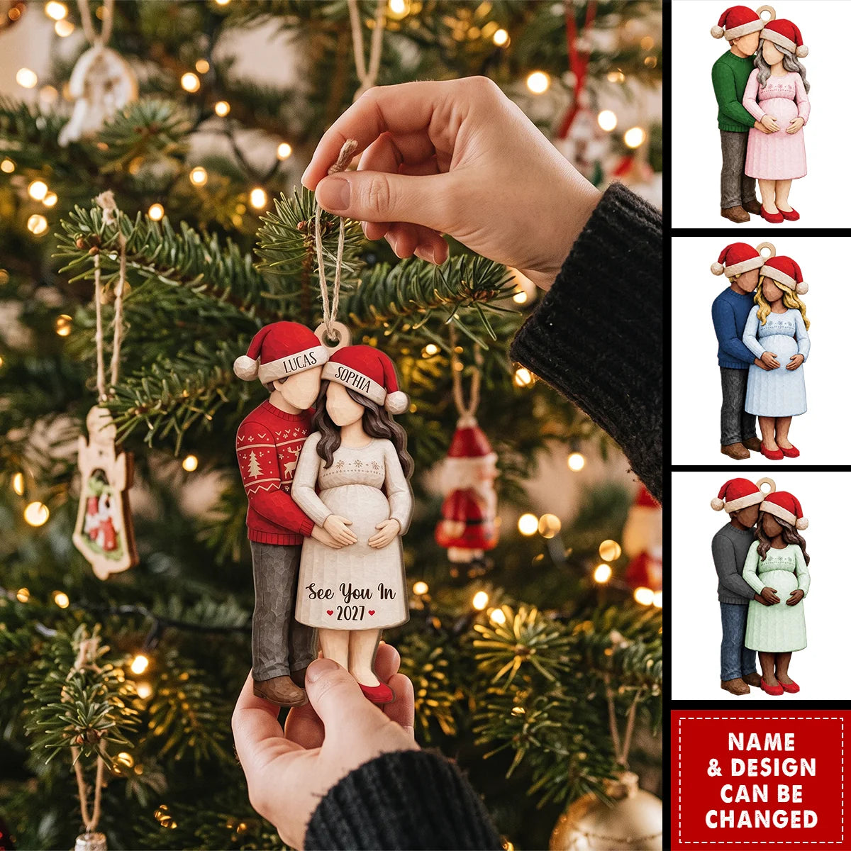 Personalized Wooden Ornament, Expecting Couple Holding Baby Bump, Unique Christmas Gift for Parents to Be