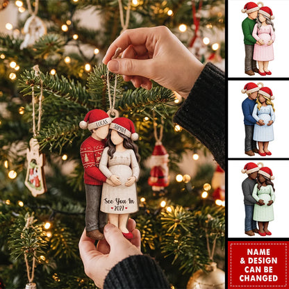 Personalized Wooden Ornament, Expecting Couple Holding Baby Bump, Unique Christmas Gift for Parents to Be