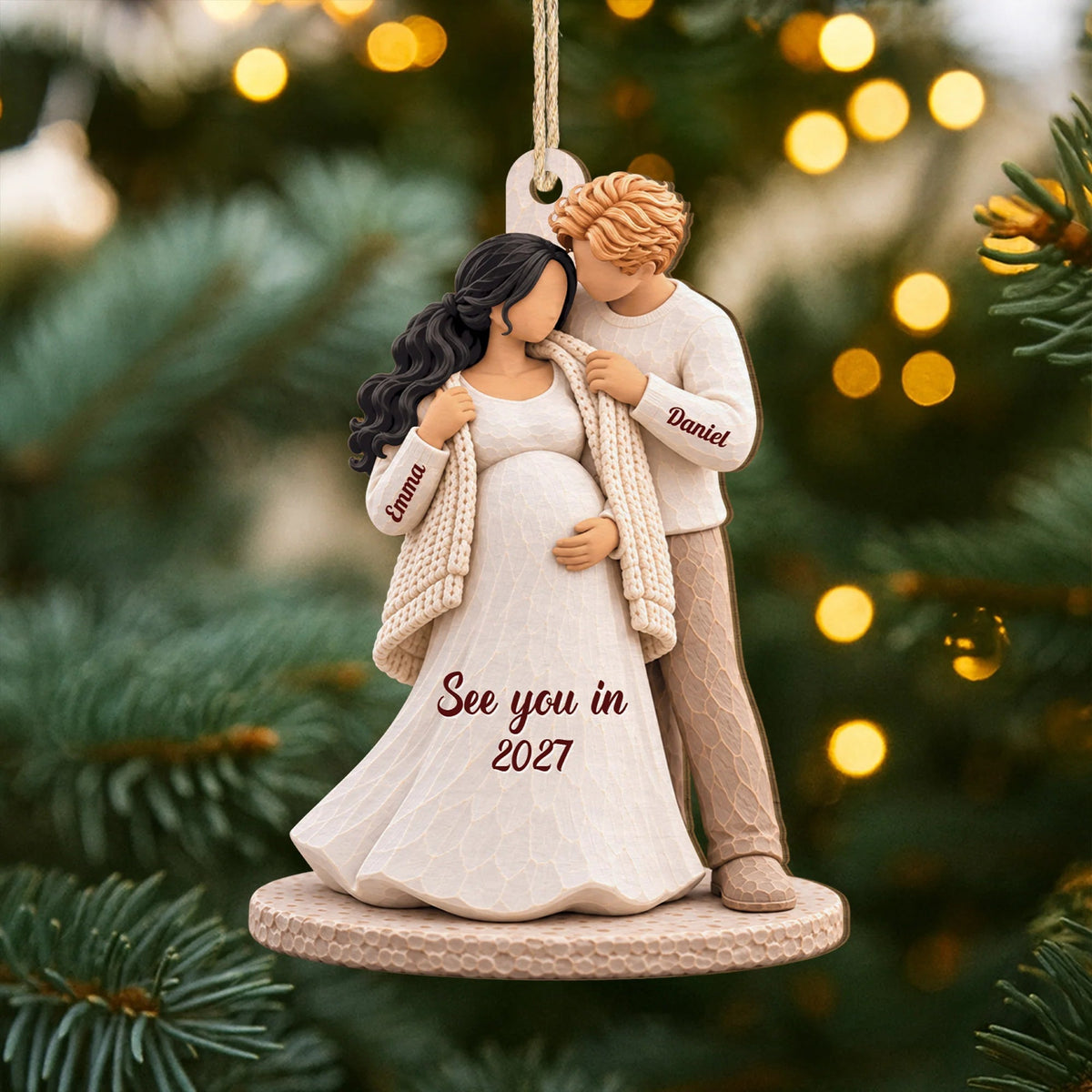 Personalized Wooden Ornament, Expecting Couple with Forehead Kiss, Unique Christmas Gift for Parents-to-Be