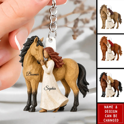 Personalized Acrylic Keychain, Girl Hugging Horse in Warm Brown Tones, Unique Gift for Horse Lovers