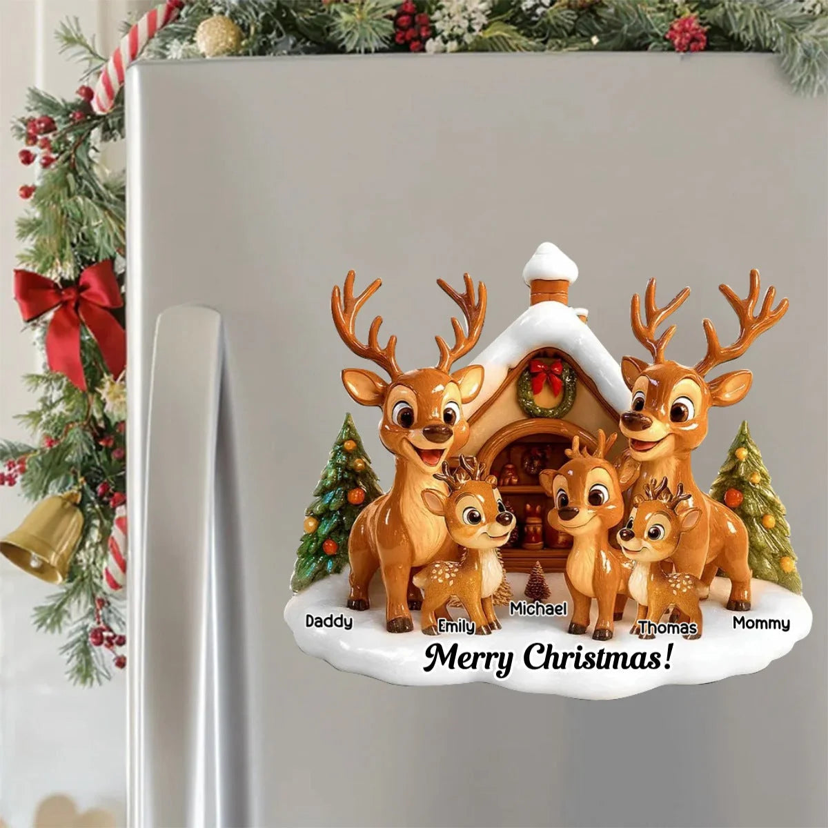 Personalized Reindeer Family Sticker Decal, Gathered at a Snowy Cottage, Unique Christmas Gift for Grandparents