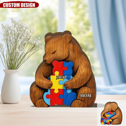 Thick Wooden Plaque, Custom Autism Mother Elephant Bear Hugging Child, Colorful Puzzle Keepsake, Unique Gift for Kids