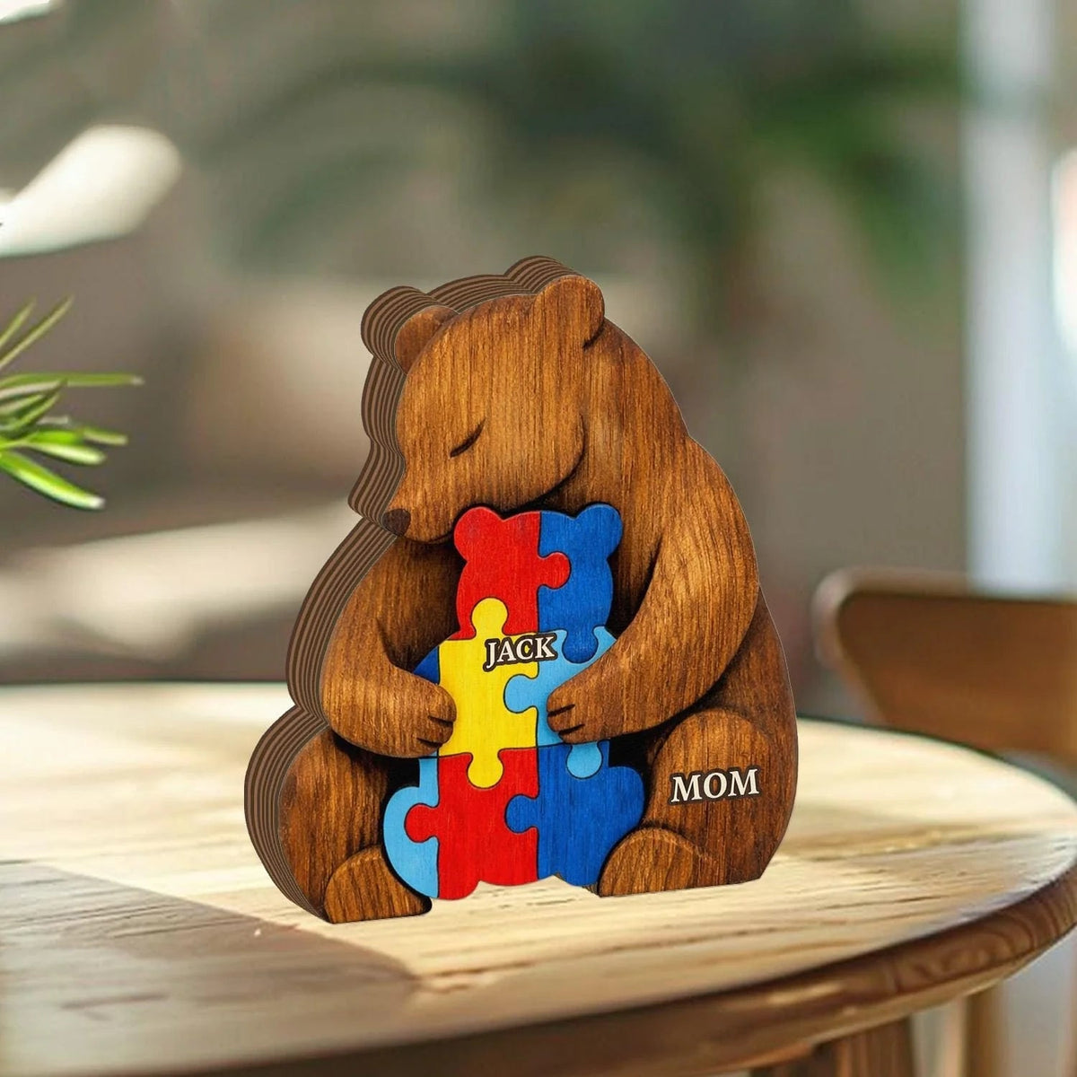 Thick Wooden Plaque, Custom Autism Mother Elephant Bear Hugging Child, Colorful Puzzle Keepsake, Unique Gift for Kids