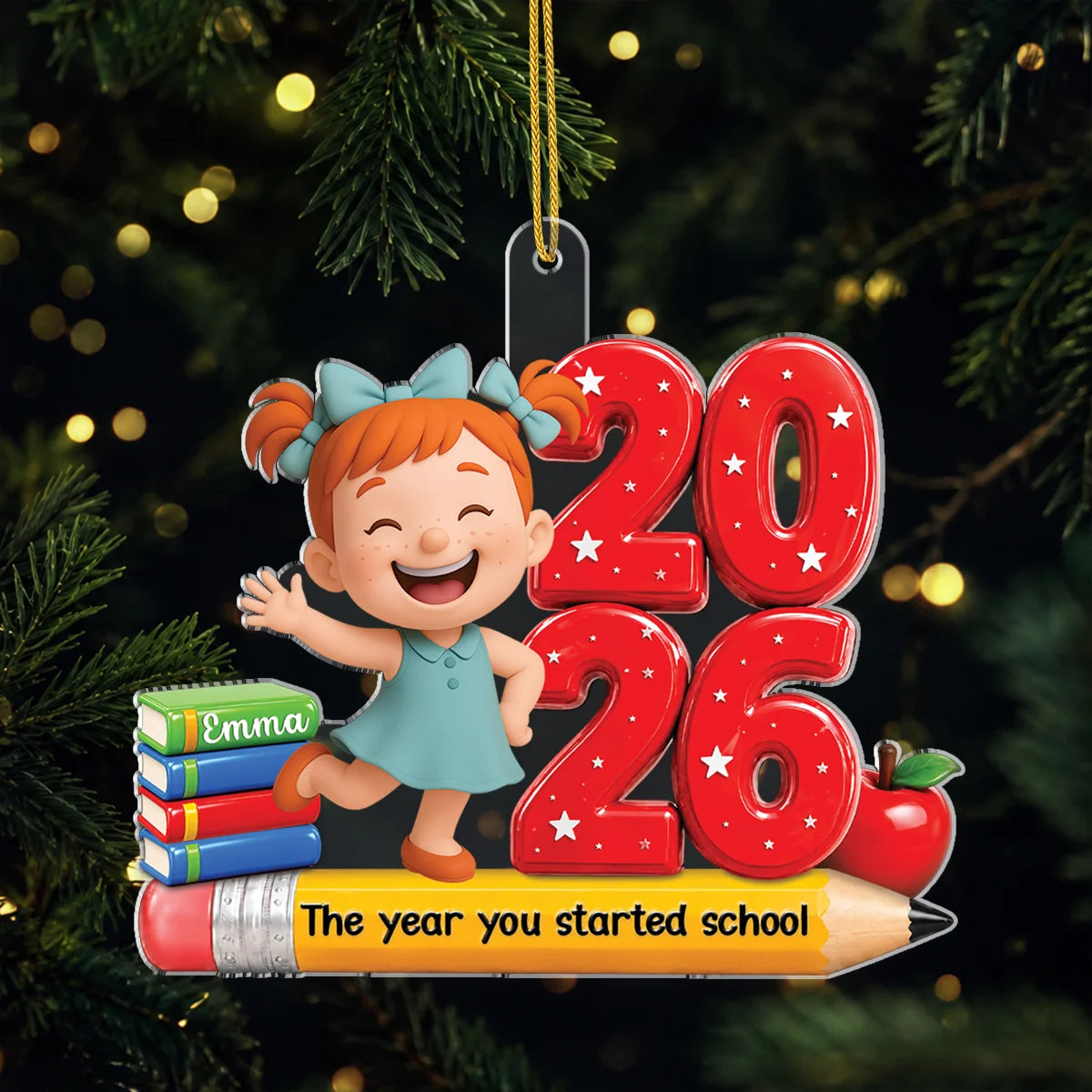 Personalized Acrylic Ornament, Waving Schoolgirl on a Festive Tree, Creative School Memory Gift for Kids