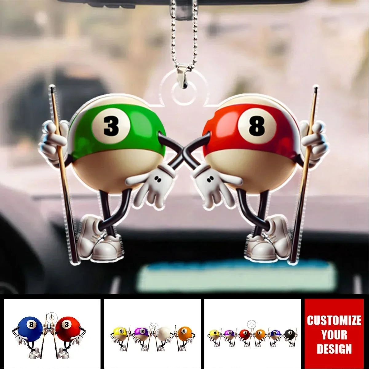 Personalized Acrylic Keychain, Cartoon Billiard Friends Holding Cues, Creative Gift for Pool Players