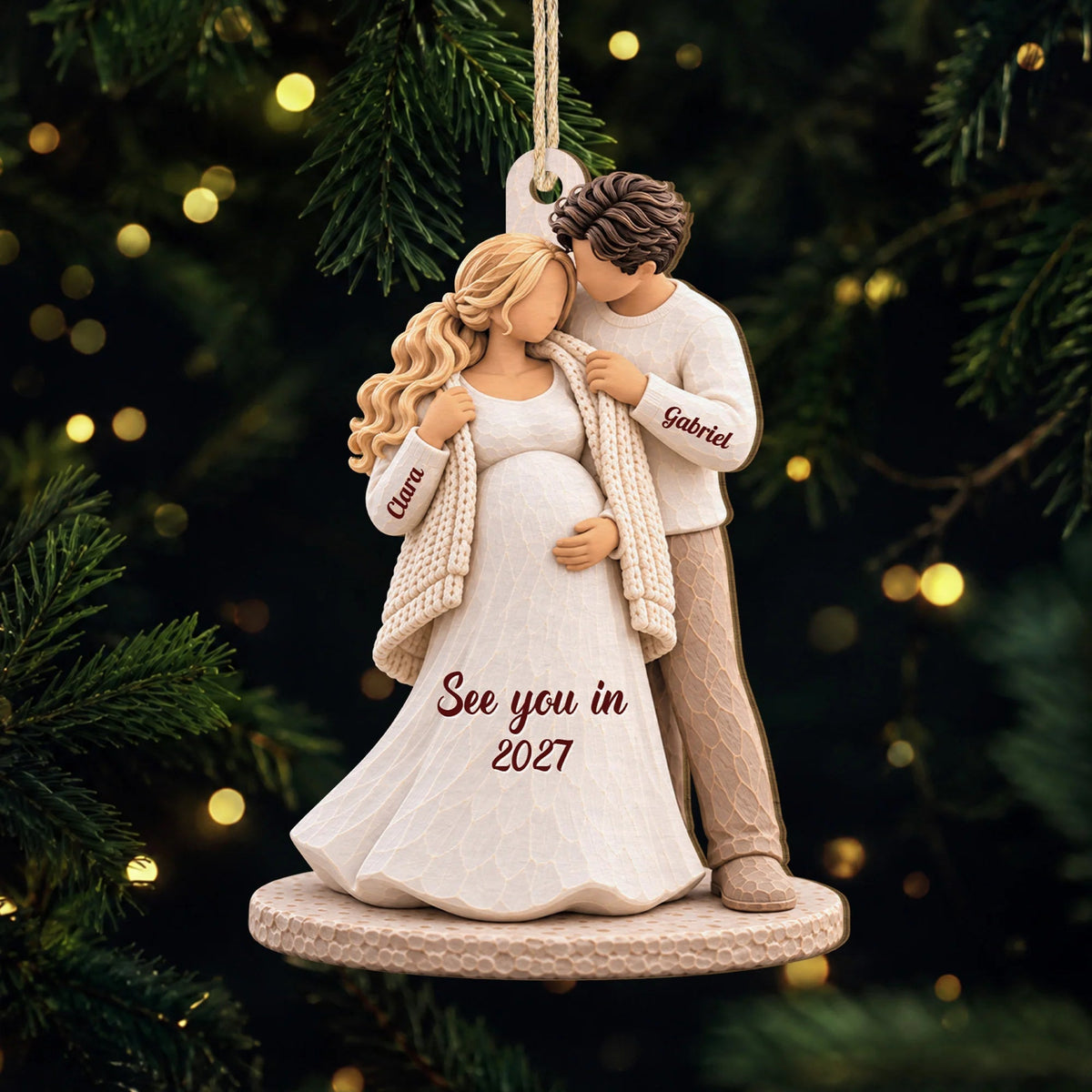 Personalized Wooden Ornament, Expecting Couple with Forehead Kiss, Unique Christmas Gift for Parents-to-Be