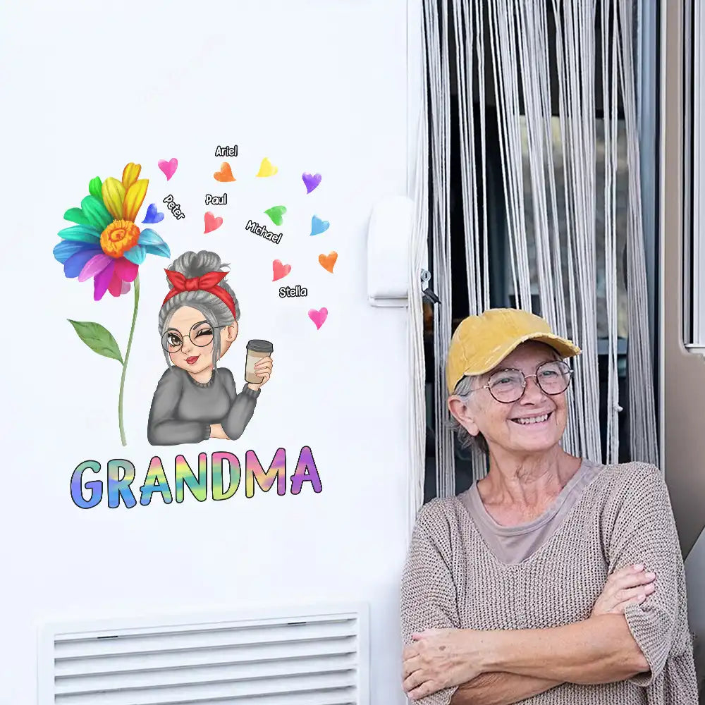 Grandma Sticker Decal, Personalized Winking Cartoon for a Car Window, Creative Family Gift with Colorful Hearts
