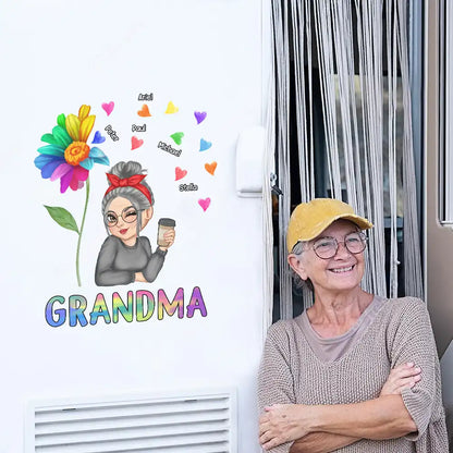Grandma Sticker Decal, Personalized Winking Cartoon for a Car Window, Creative Family Gift with Colorful Hearts