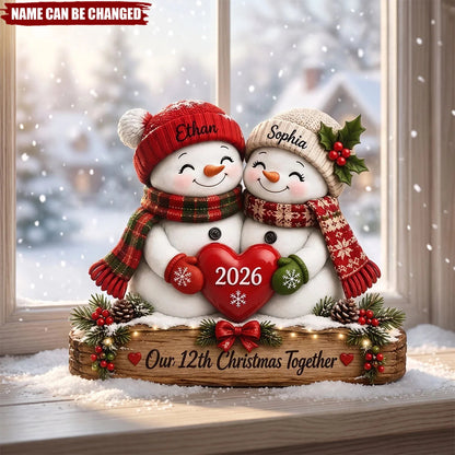 Personalized Thick Wooden Plaque, Snowman Couple Holding a Heart by a Snowy Window, Unique Gift for Couples
