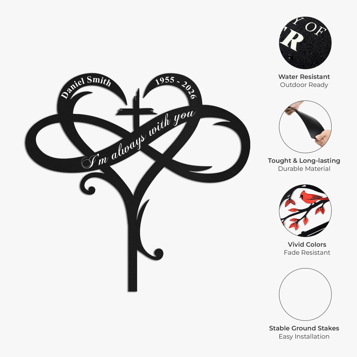 I'm Always With You Metal Garden Stake, Personalized Heart and Cross Tribute, Creative Sympathy Gift for Family