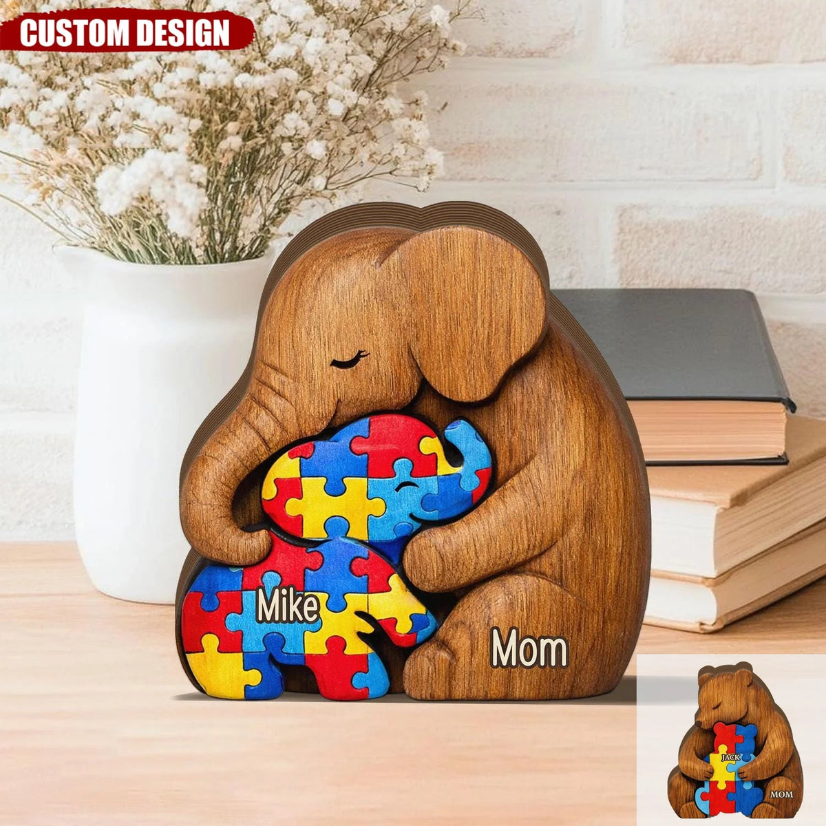 Thick Wooden Plaque, Custom Autism Mother Elephant Bear Hugging Child, Colorful Puzzle Keepsake, Unique Gift for Kids