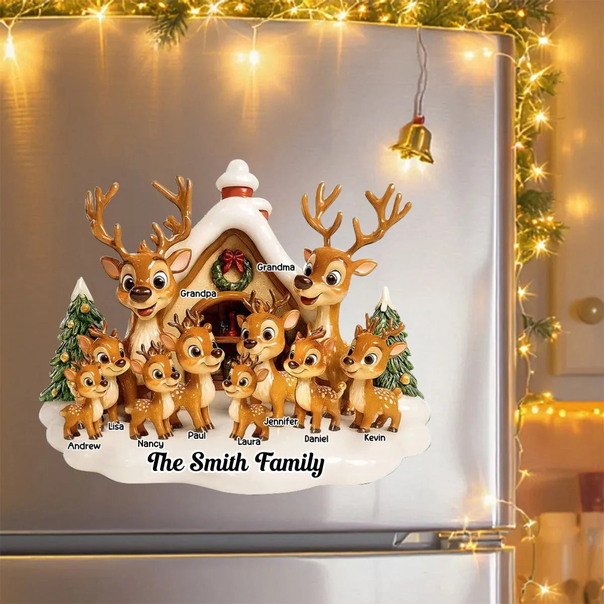 Personalized Reindeer Family Sticker Decal, Gathered at a Snowy Cottage, Unique Christmas Gift for Grandparents