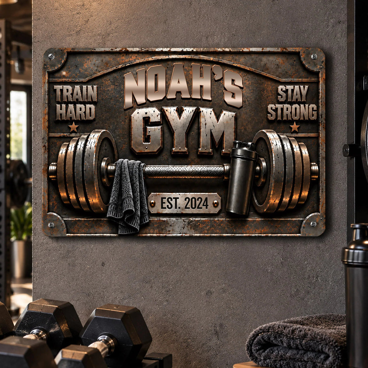 Personalized Rectangular Iron Sign, Train Hard Stay Strong Gym Decor, Unique Gift for Fitness Enthusiasts