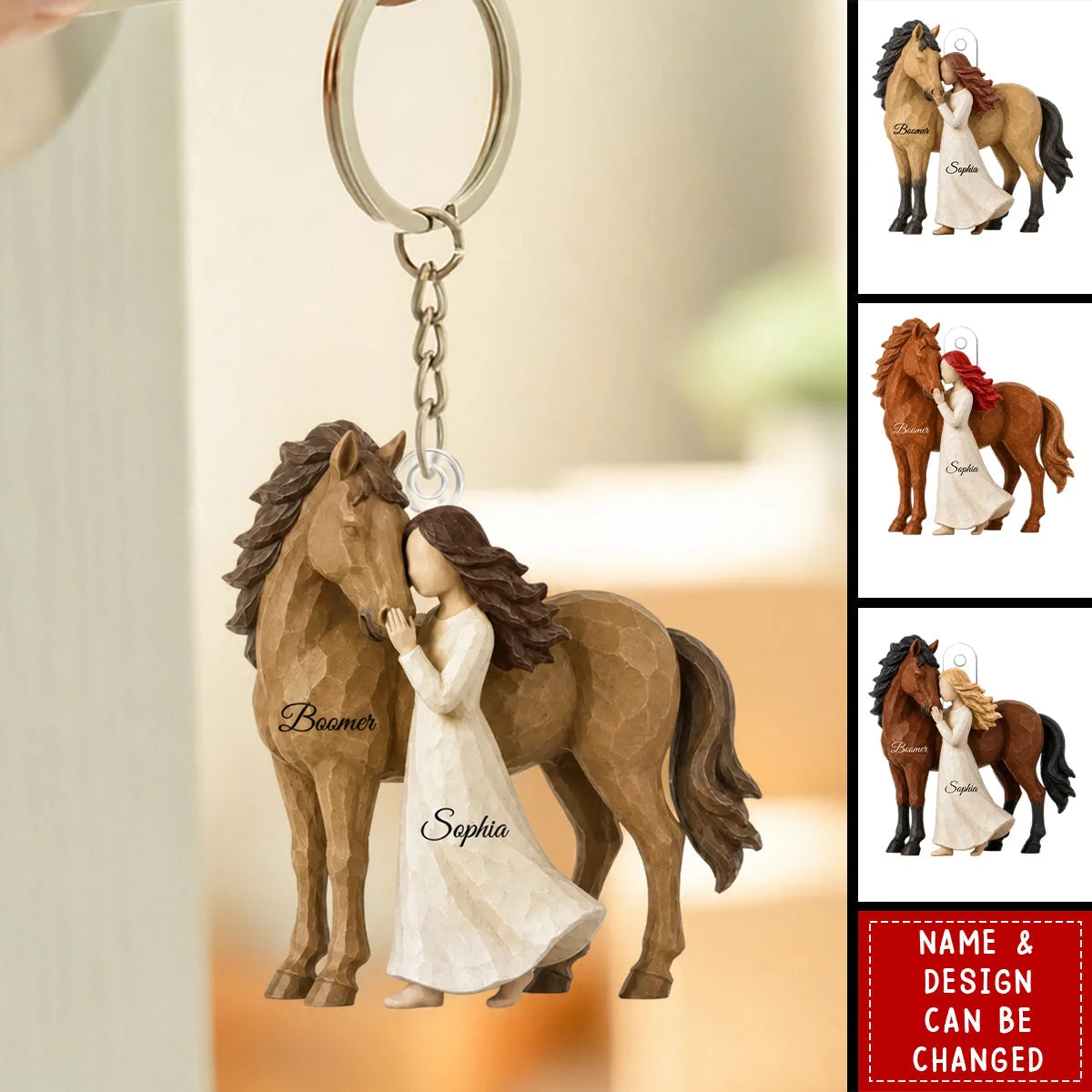 Personalized Acrylic Keychain, Girl Hugging Horse in Warm Brown Tones, Unique Gift for Horse Lovers