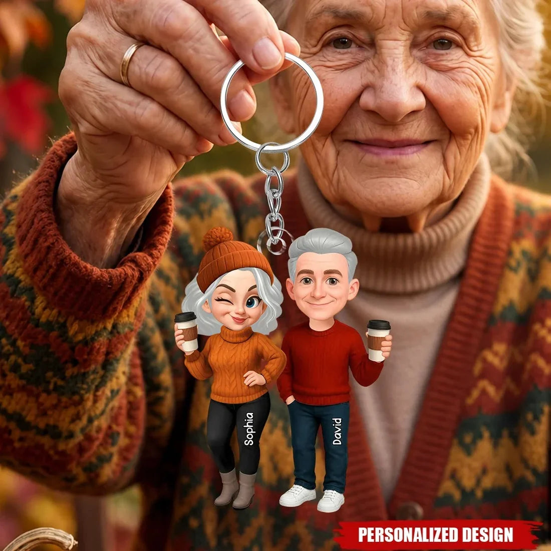 Personalized Acrylic Keychain, Cute Fall Couple Standing Together with Drinks, Unique Gift for Partners