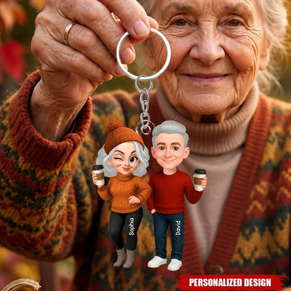 Personalized Acrylic Keychain, Cute Fall Couple Standing Together with Drinks, Unique Gift for Partners