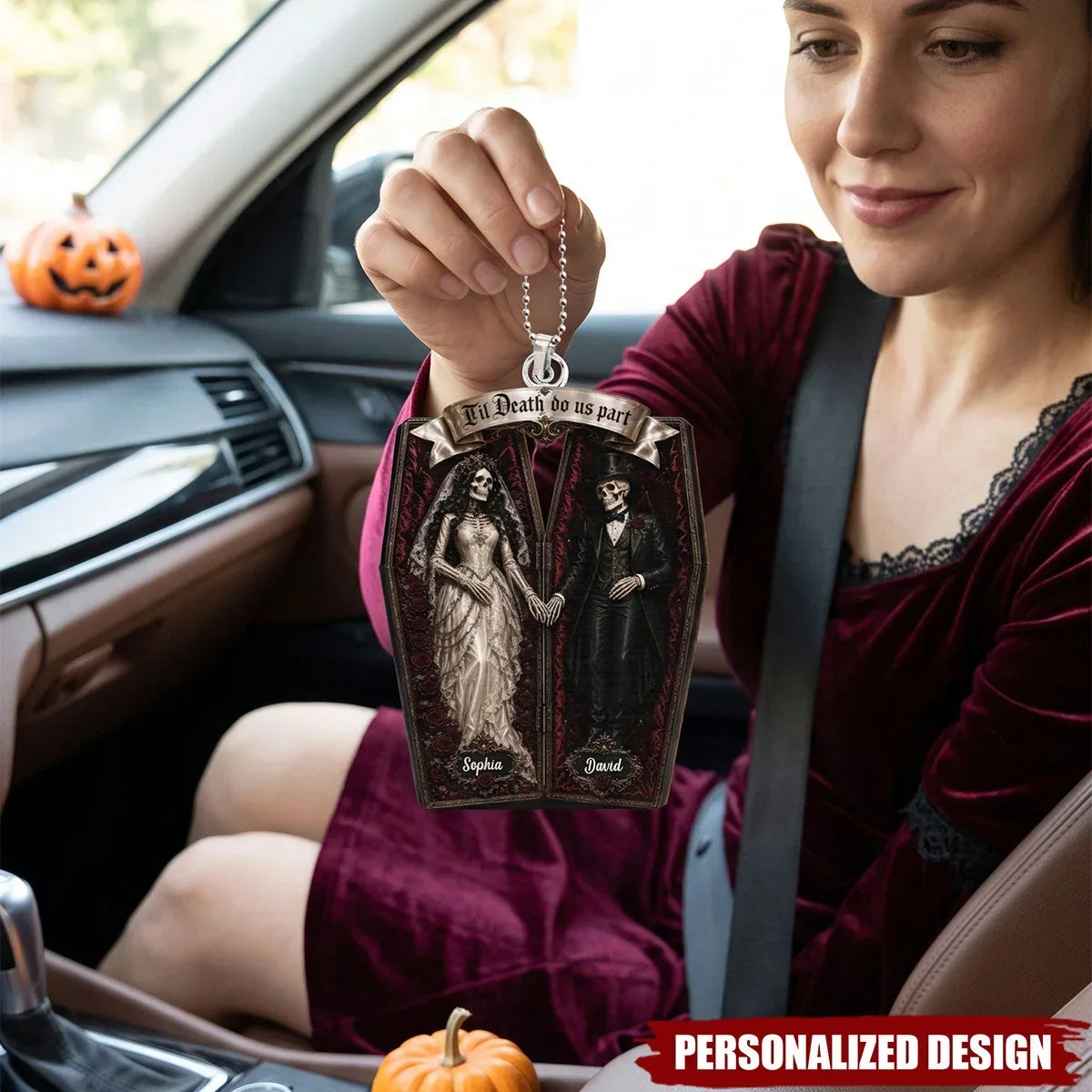 Personalized Acrylic Keychain, Gothic Coffin Skeleton Bride and Groom, Unique Halloween Gift for Couples