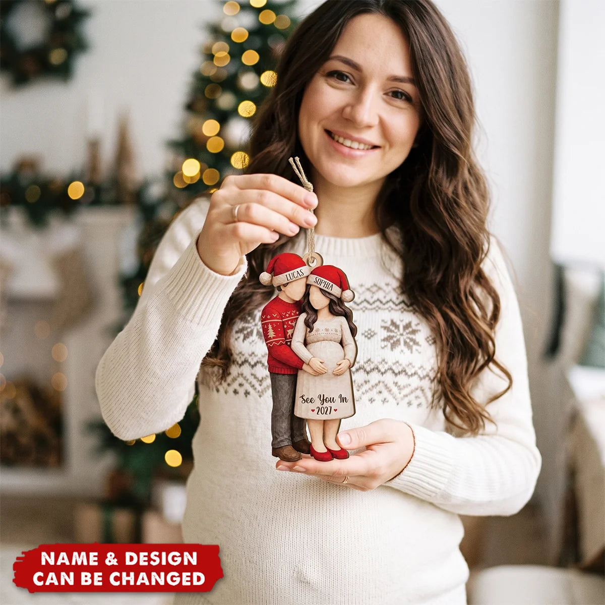 Personalized Wooden Ornament, Expecting Couple Holding Baby Bump, Unique Christmas Gift for Parents to Be