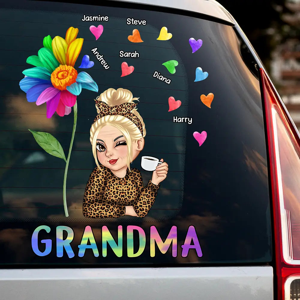 Grandma Sticker Decal, Personalized Winking Cartoon for a Car Window, Creative Family Gift with Colorful Hearts
