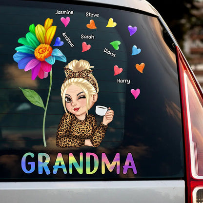 Grandma Sticker Decal, Personalized Winking Cartoon for a Car Window, Creative Family Gift with Colorful Hearts