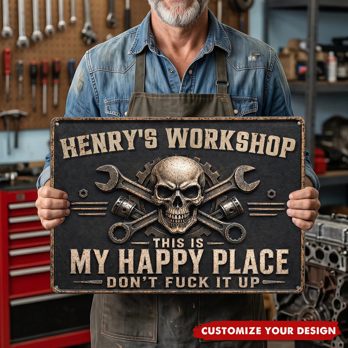 This Is My Happy Place Rectangular Iron Sign, Personalized Workshop Decor, Creative Gift for Mechanic