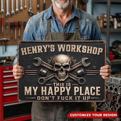 This Is My Happy Place Rectangular Iron Sign, Personalized Workshop Decor, Creative Gift for Mechanic