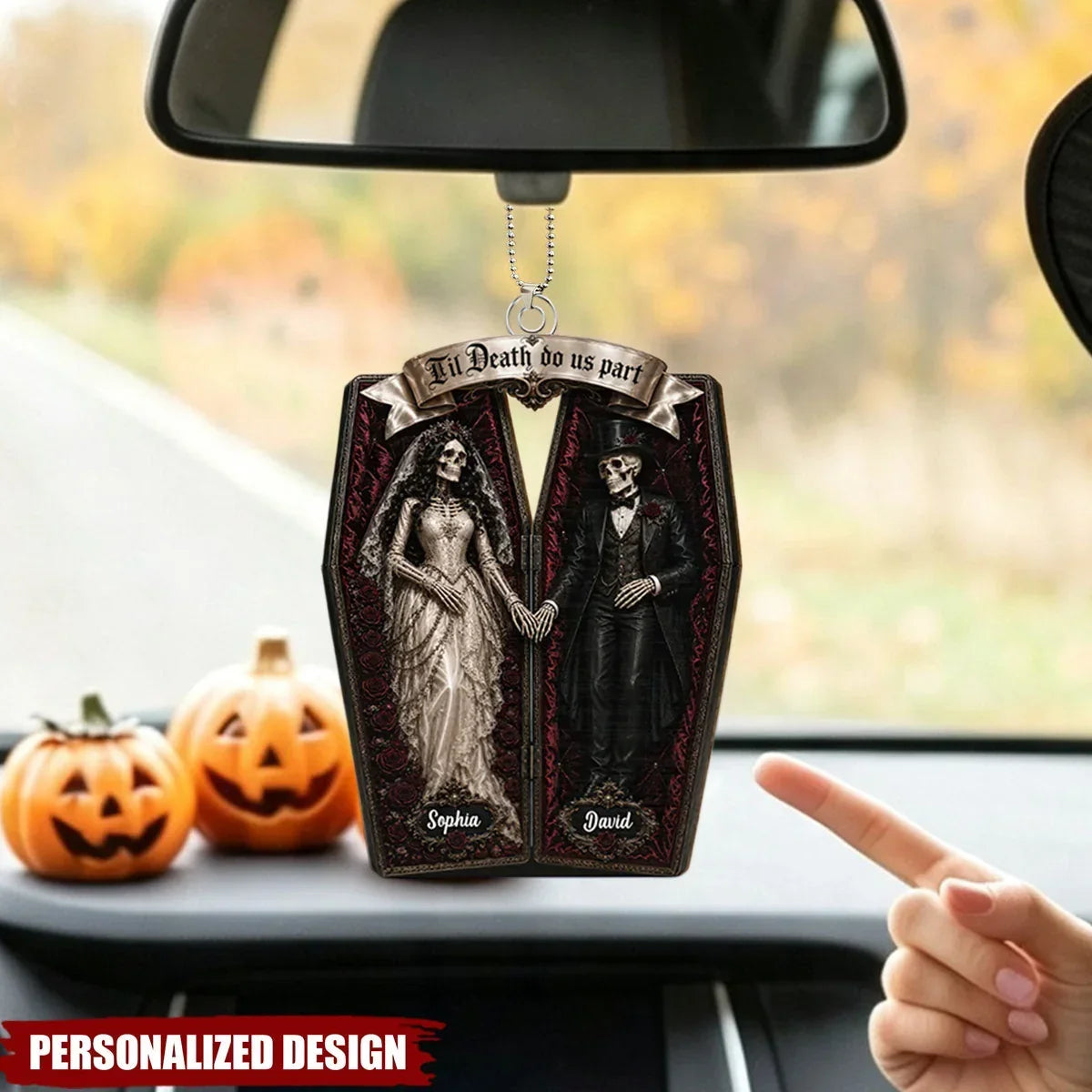 Personalized Acrylic Keychain, Gothic Coffin Skeleton Bride and Groom, Unique Halloween Gift for Couples