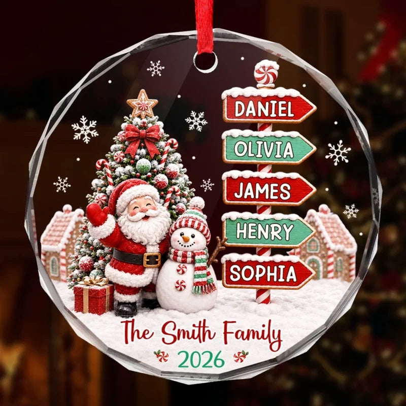 Personalized Crystal Ornament with Santa Waving Beside a Snowman, Snowy Christmas Scene, Unique Family Gift