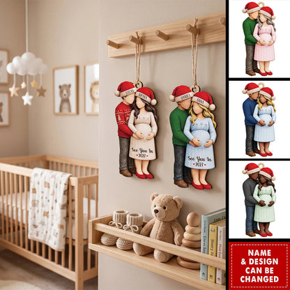 Personalized Wooden Ornament, Expecting Couple Holding Baby Bump, Unique Christmas Gift for Parents to Be