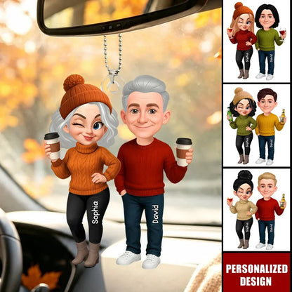 Personalized Acrylic Keychain, Cute Fall Couple Standing Together with Drinks, Unique Gift for Partners
