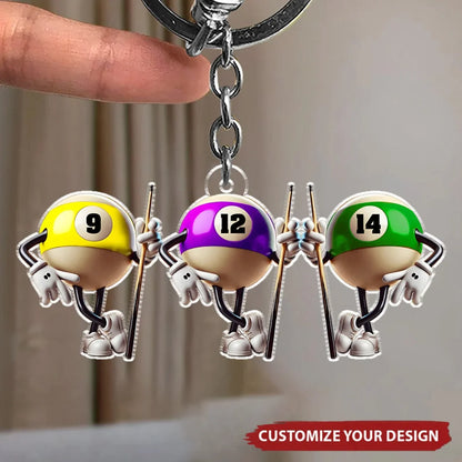 Personalized Acrylic Keychain, Cartoon Billiard Friends Holding Cues, Creative Gift for Pool Players
